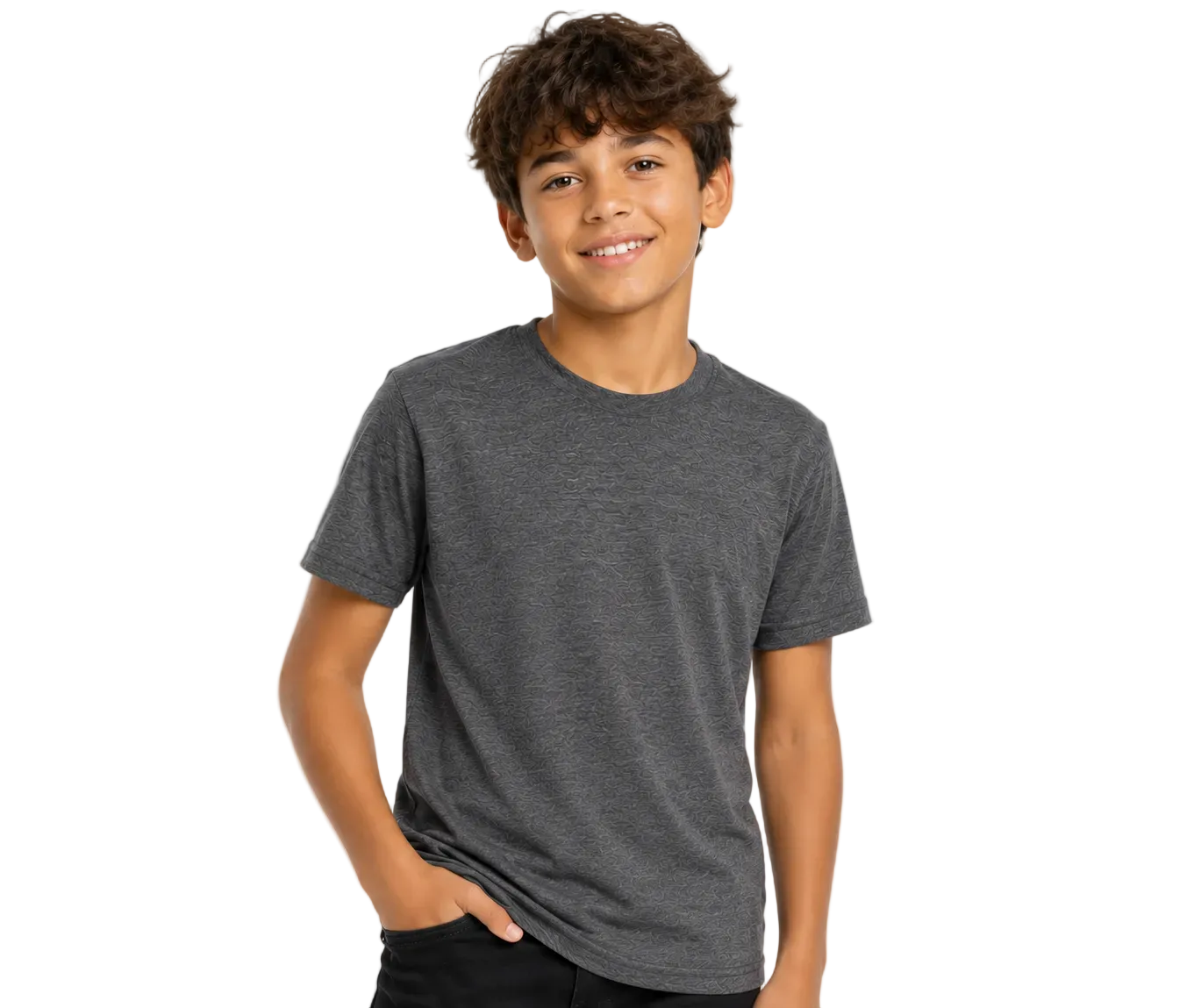 A smiling young boy with curly brown hair wearing a dark heather gray crewneck t-shirt and black pants, standing against a solid white studio background.