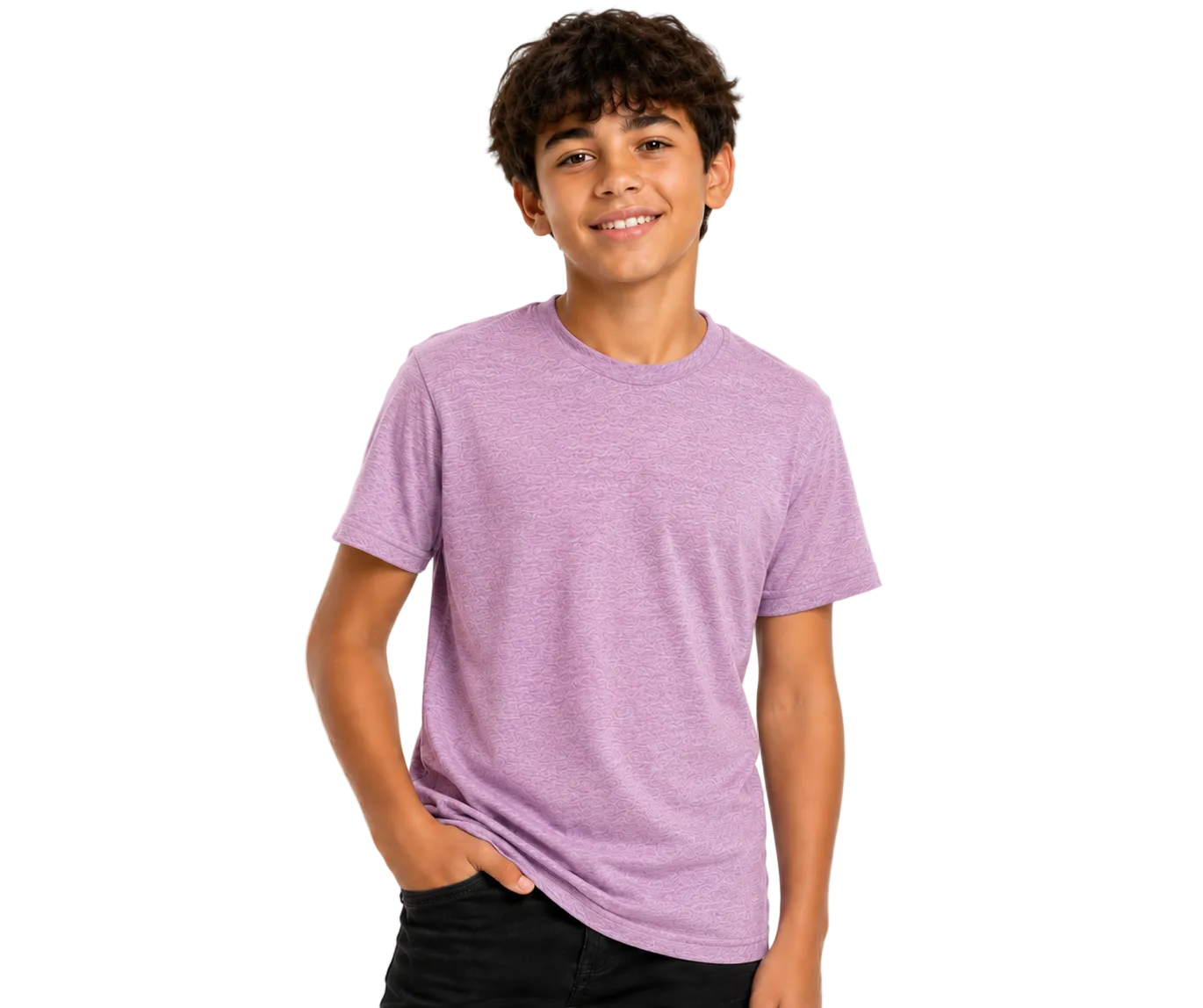 A smiling young man with curly brown hair wearing a teal heathered short-sleeve crewneck t-shirt and black pants, standing against a solid white background.