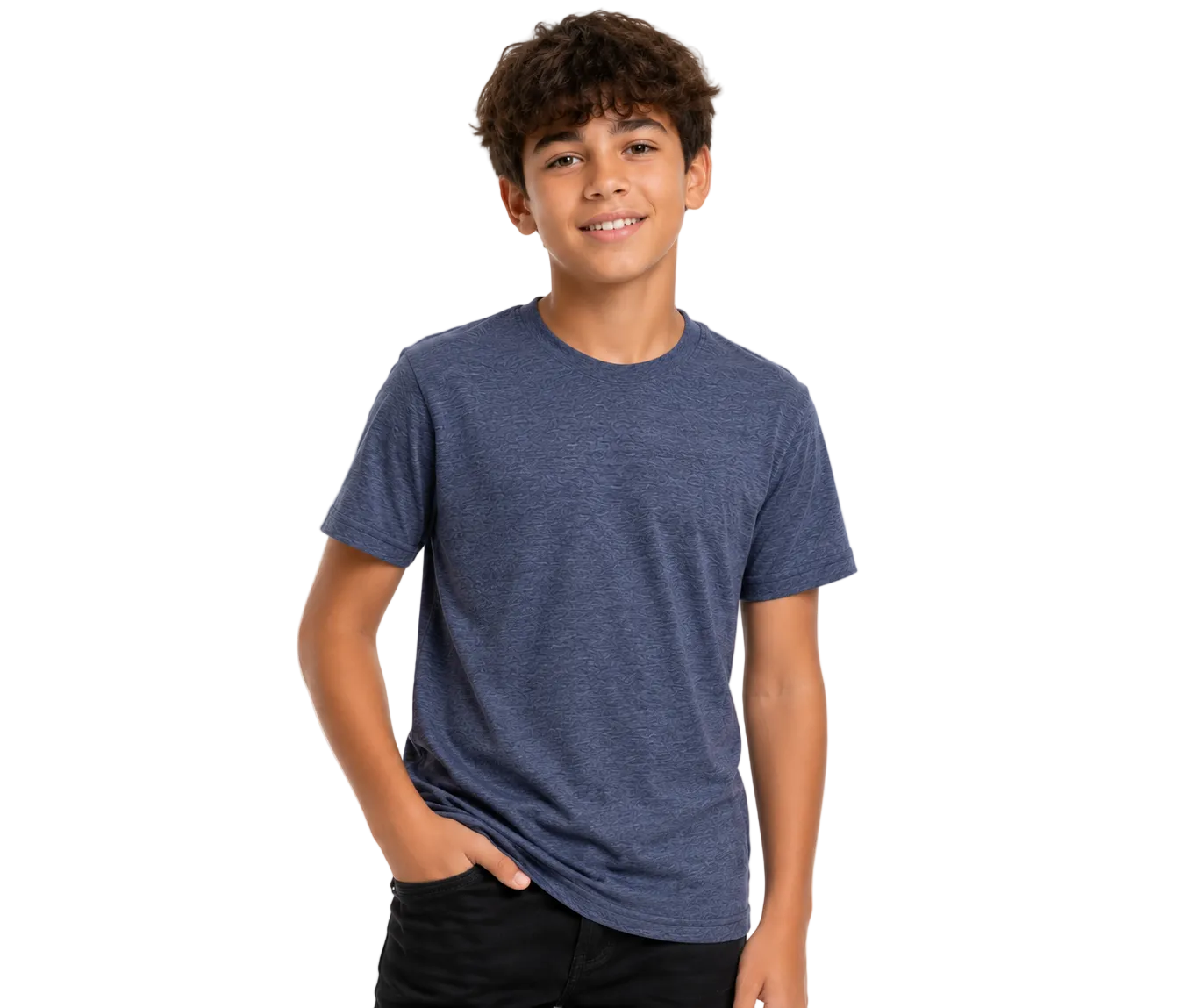 A young boy with curly brown hair smiling, wearing a heathered slate blue crewneck t-shirt and black pants, standing against a solid white background.