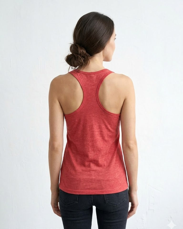 Woman wearing a red tank top and dark jeans on a white background