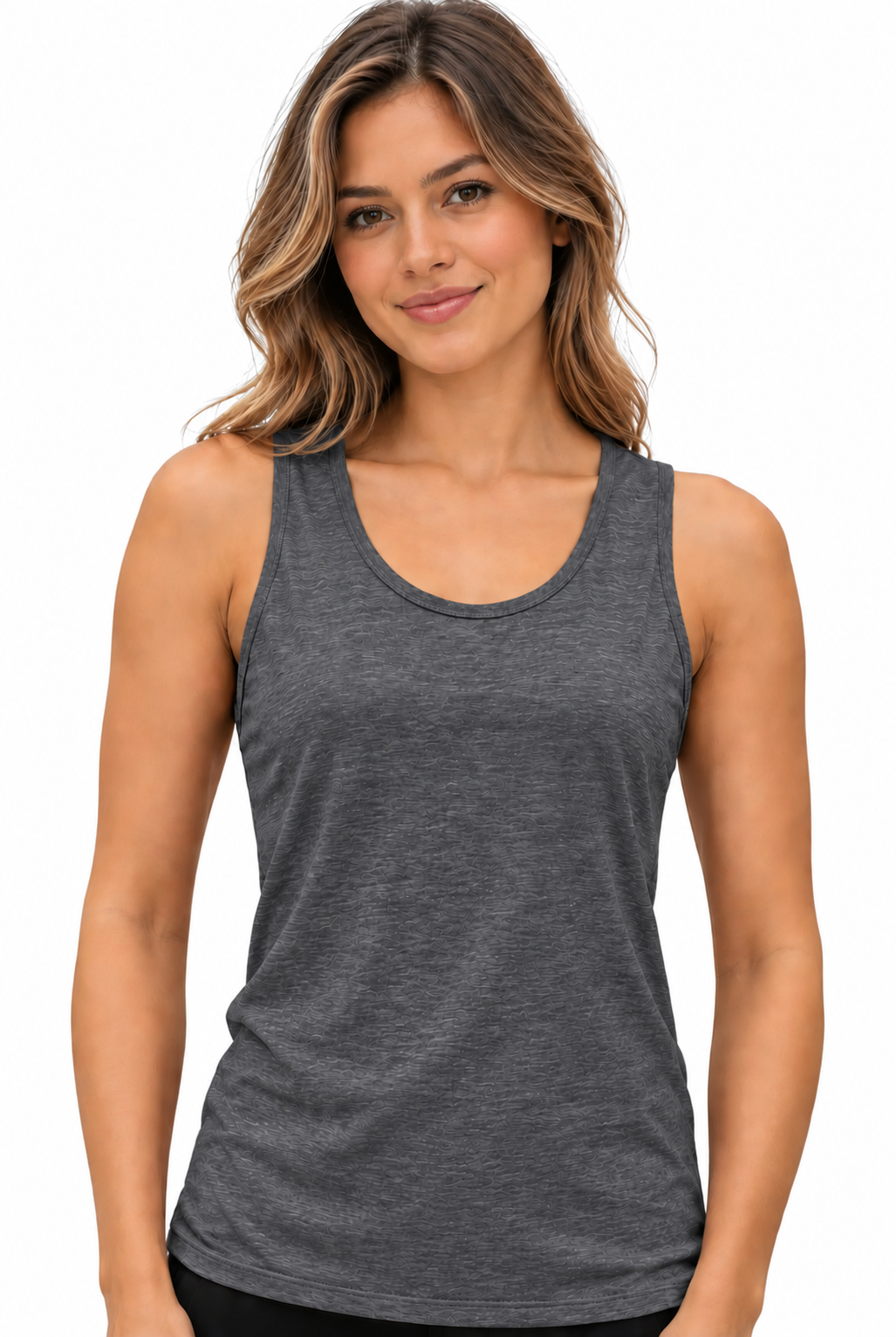 A woman wearing a dark heather gray racerback tank top, shown from the waist up against a plain white background.