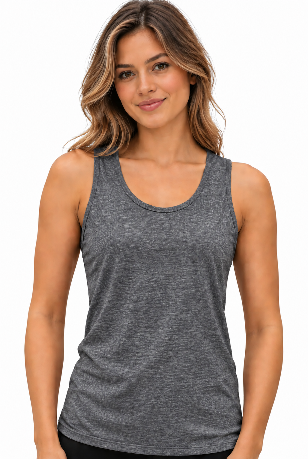 A woman wearing a heather gray racerback tank top, shown from the waist up against a plain white background.