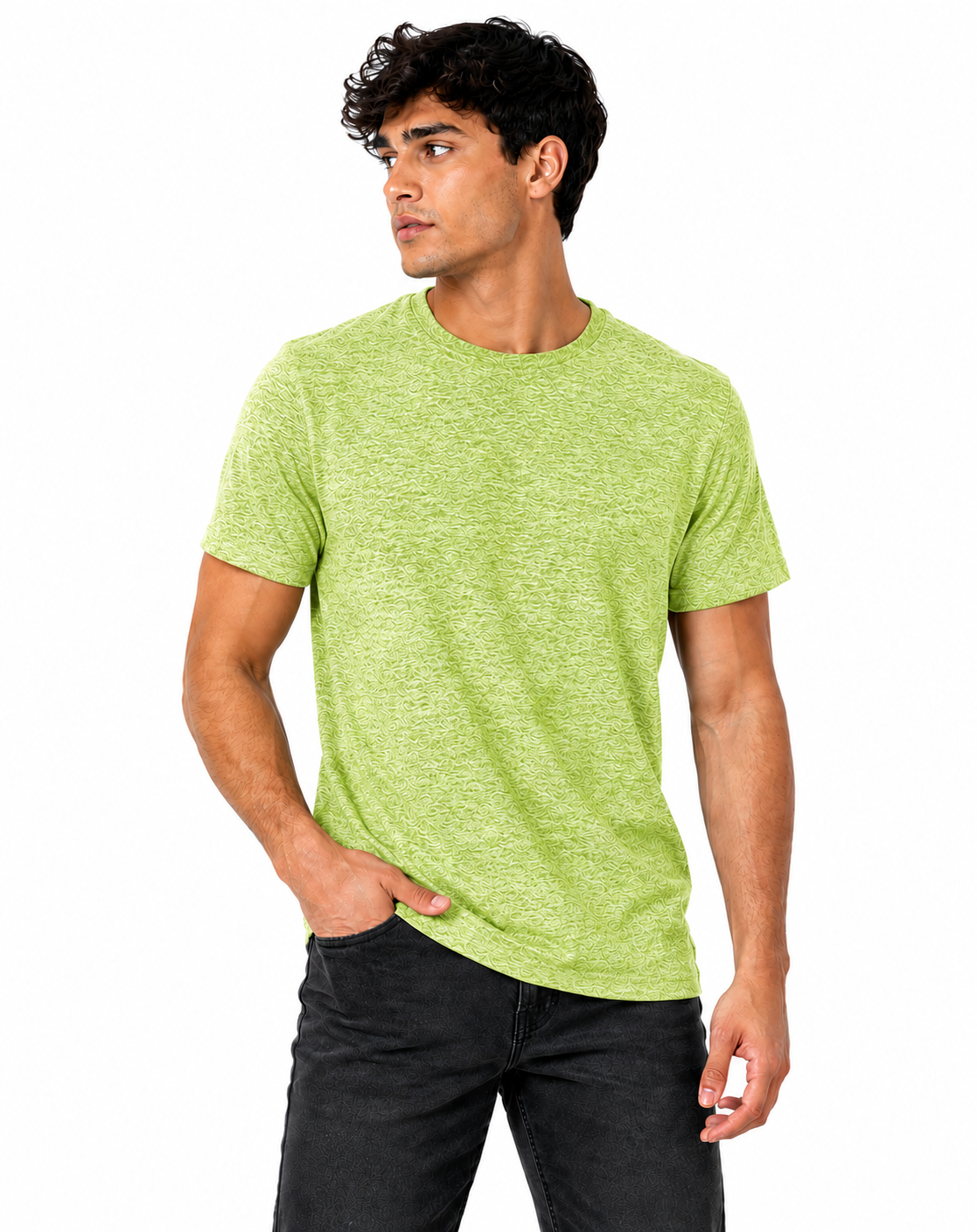 A man wearing a bright lime green heathered short-sleeve t-shirt and dark gray jeans, standing against a solid white background.