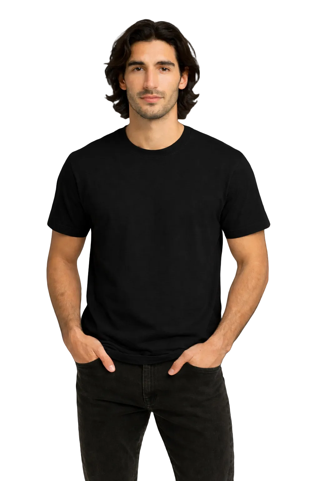 Man wearing a black t-shirt and black pants against a dark background