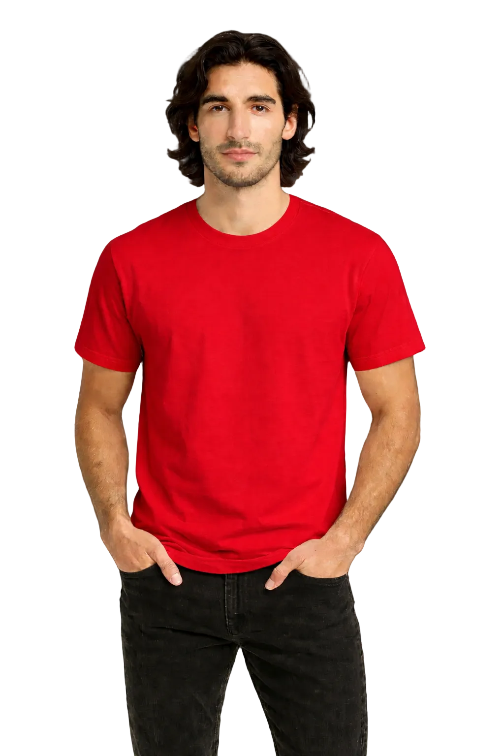 Man wearing a red t-shirt against a dark background