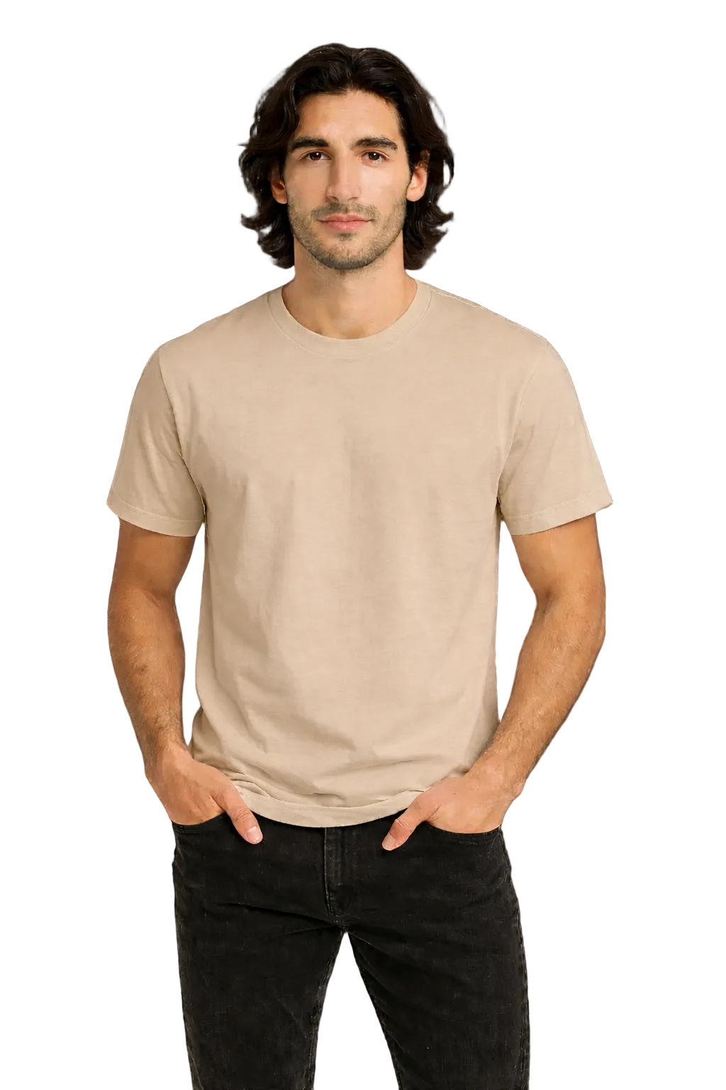 Man wearing a beige t-shirt and black pants against a dark background
