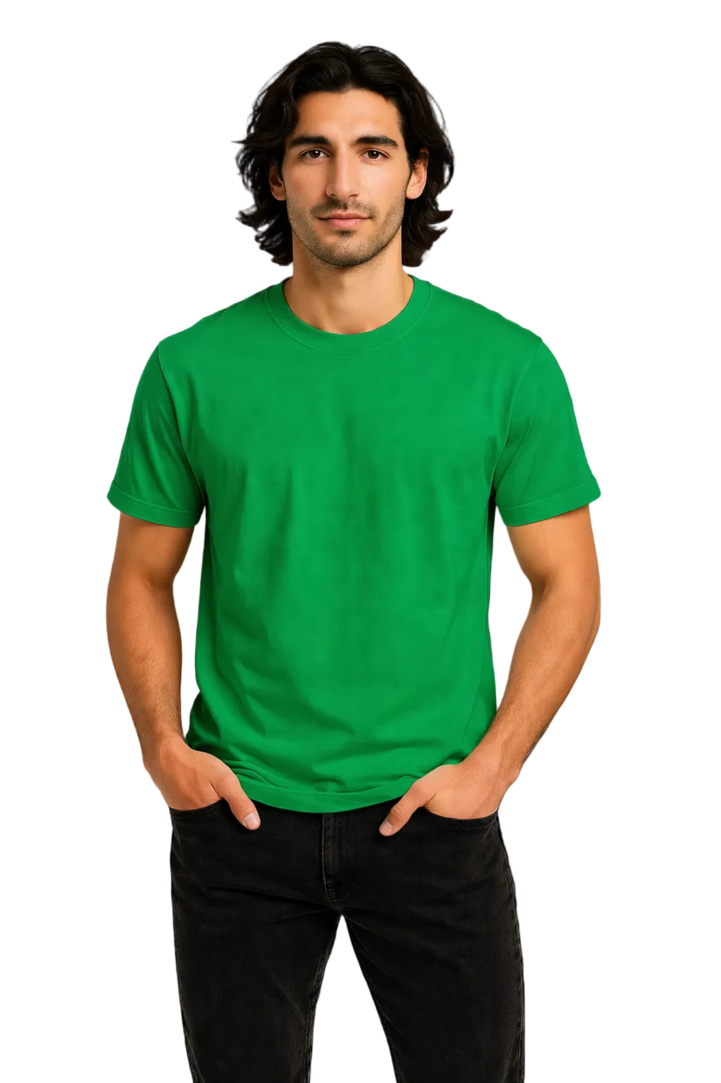 Man wearing a green t-shirt against a black background