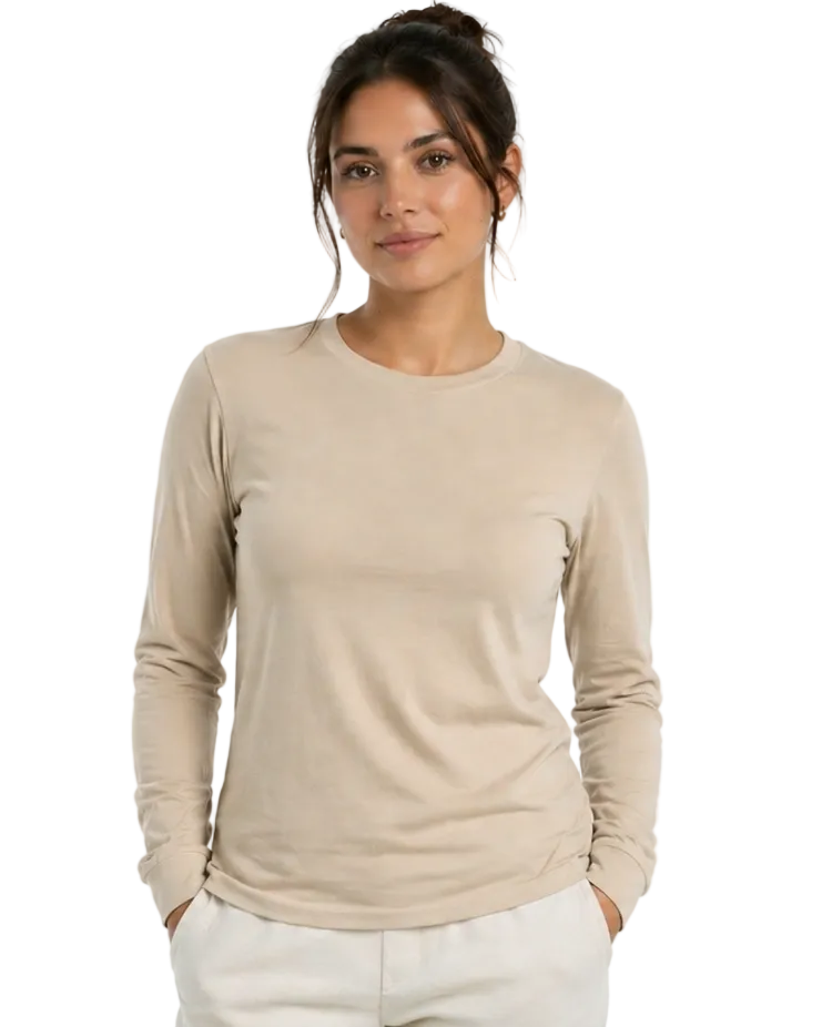 Woman wearing a beige long-sleeve shirt on a white background