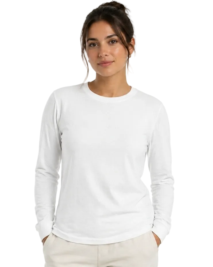 Woman wearing a white long-sleeve shirt on a white background