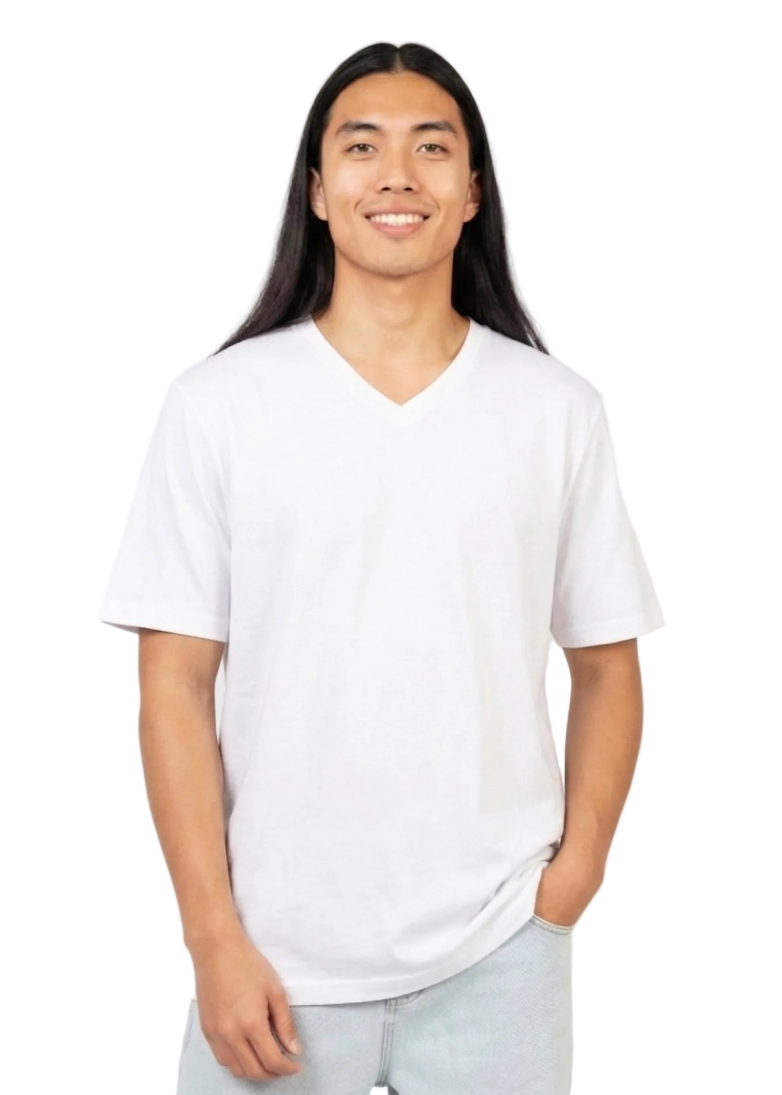 Person wearing a plain white t-shirt on a white background
