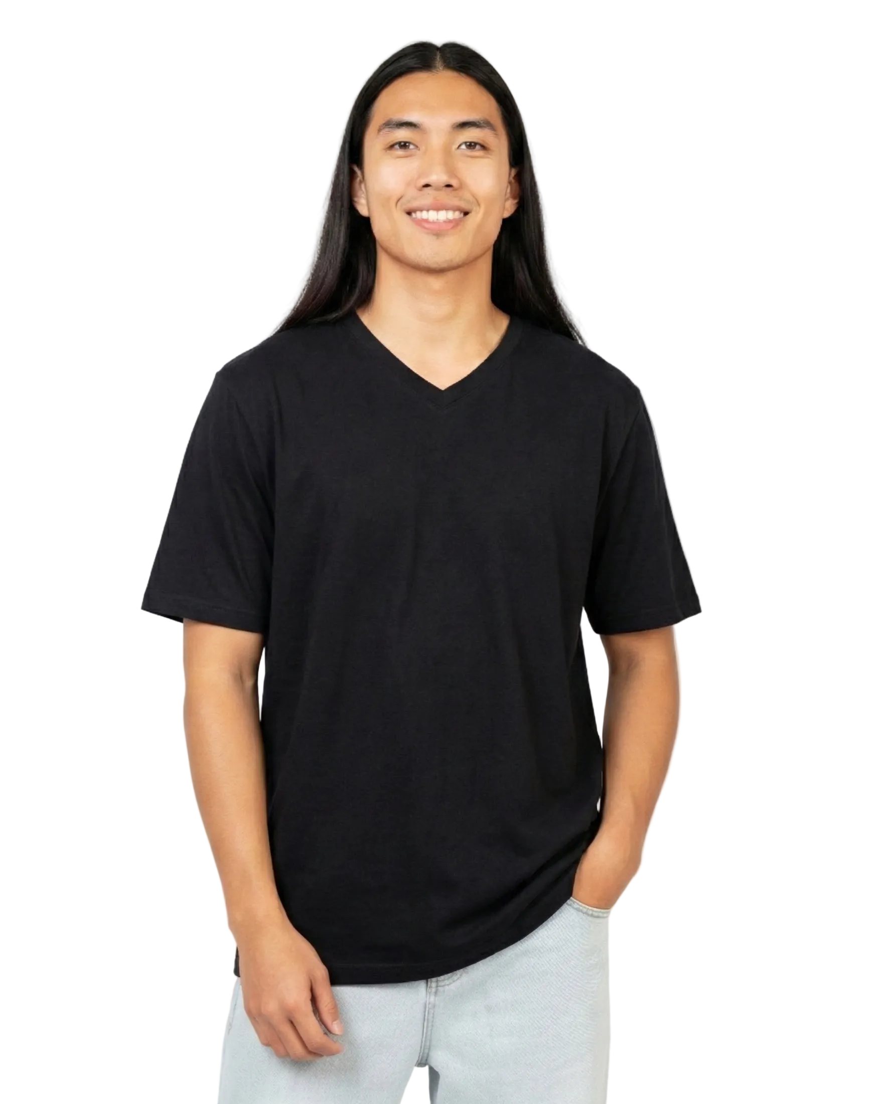 Person wearing a black t-shirt on a white background