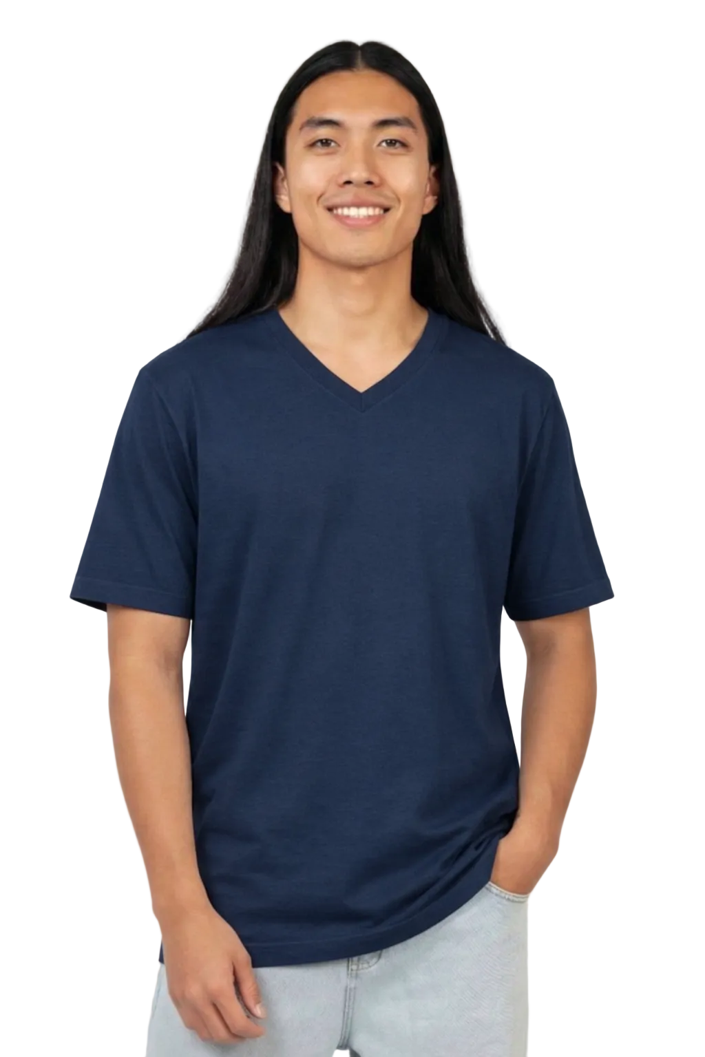 Person wearing a navy blue t-shirt against a plain background