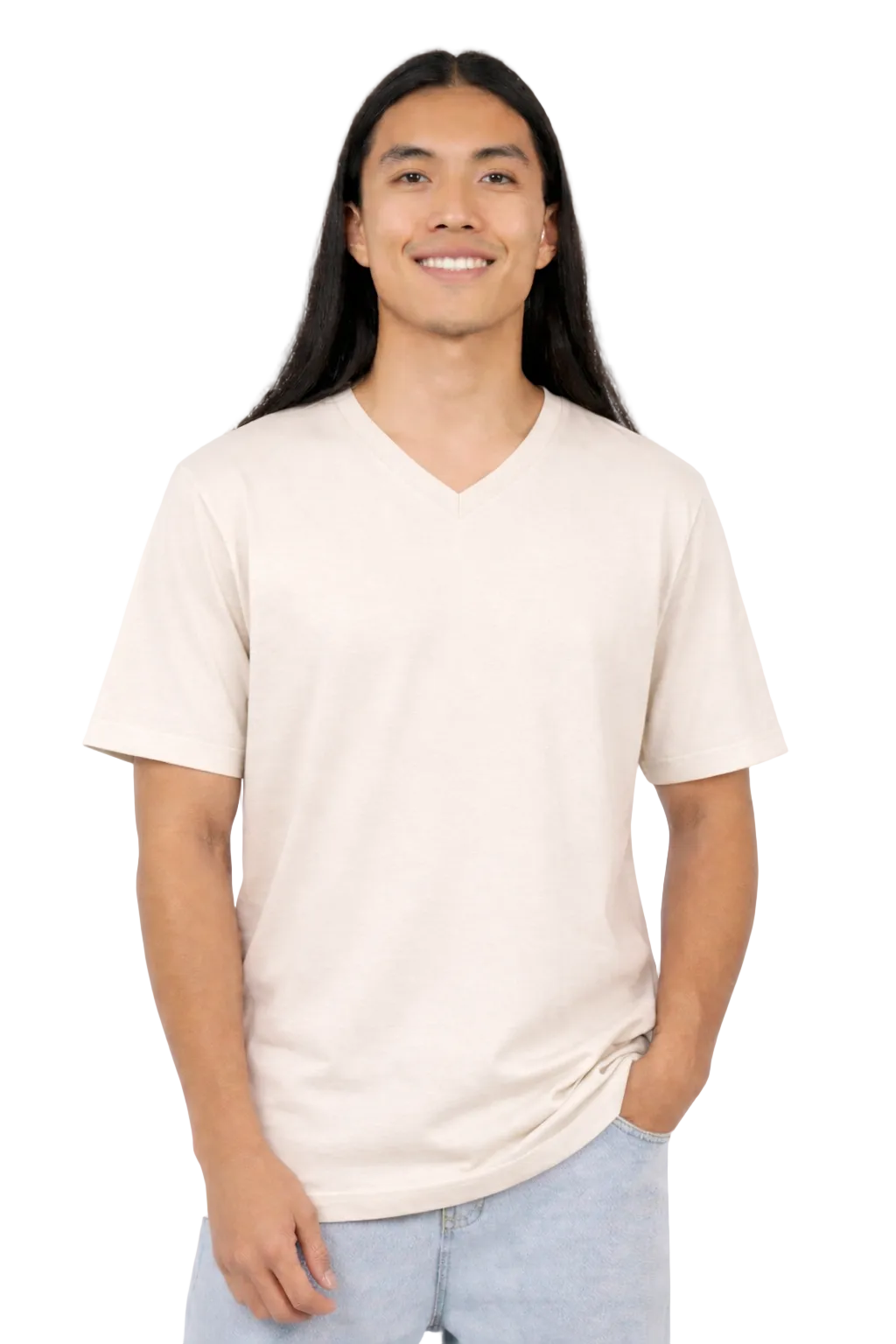Person wearing a plain beige t-shirt against a white background