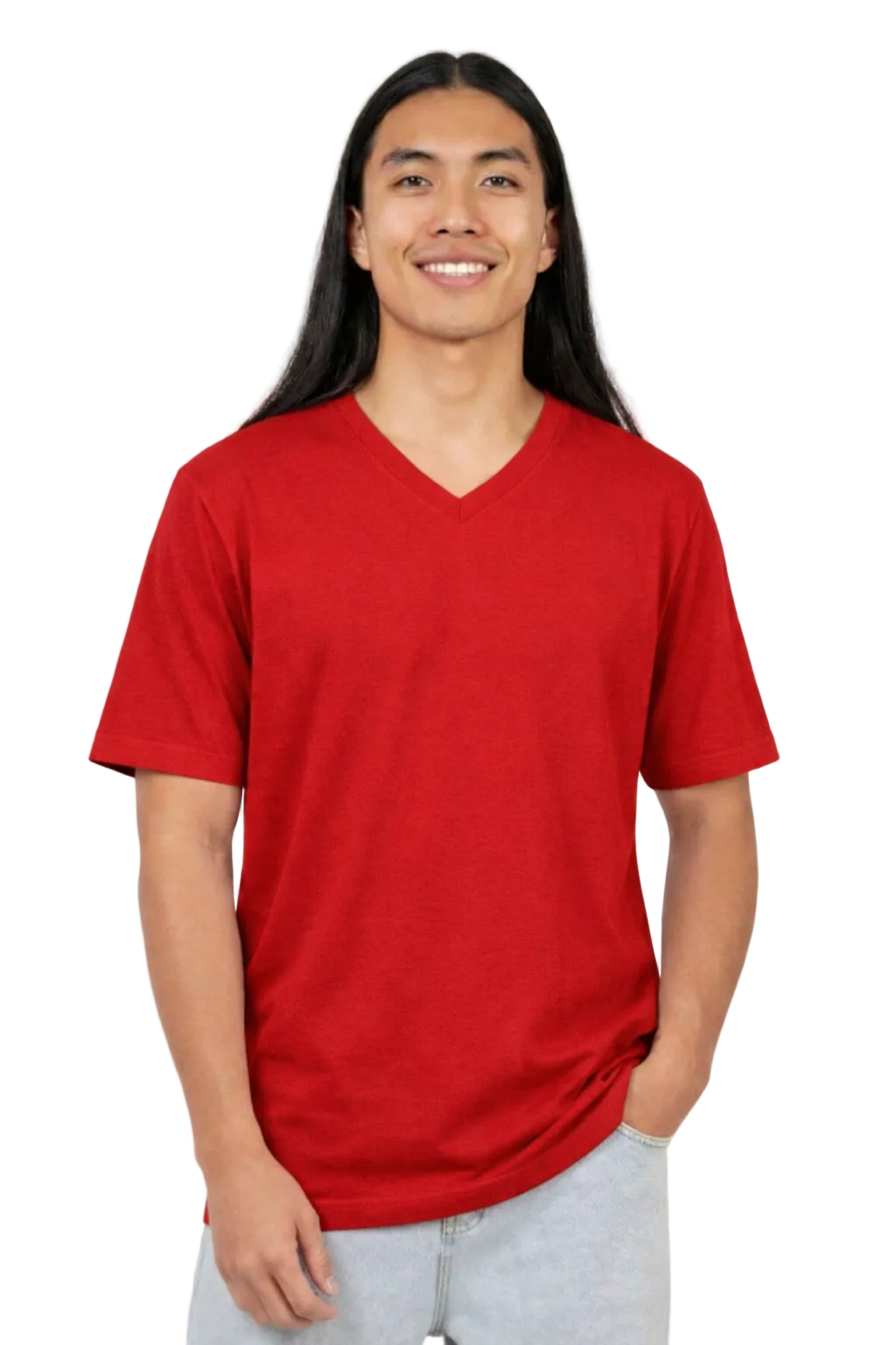 Person wearing a red V-neck t-shirt against a white background