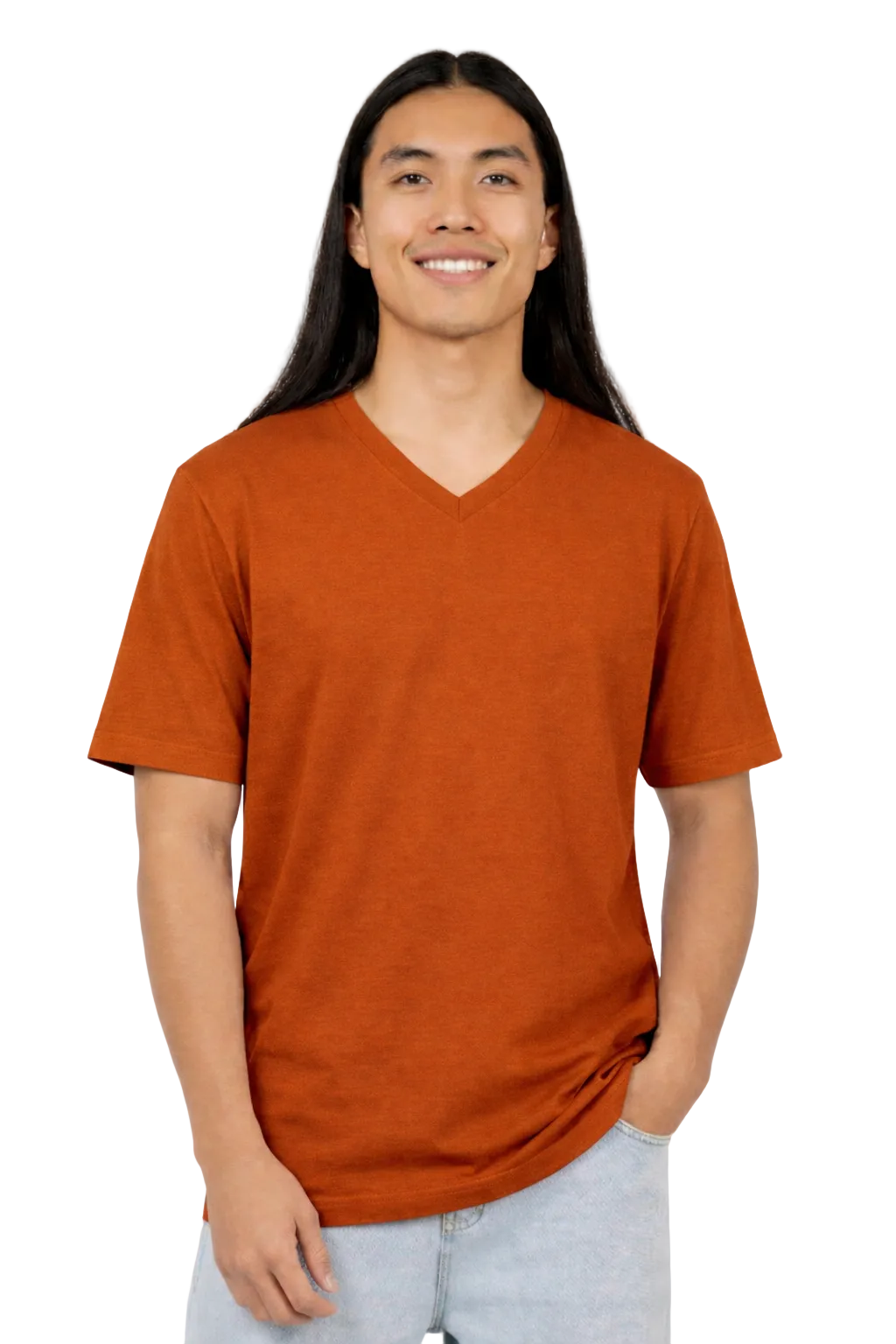 Person wearing a rust-colored V-neck t-shirt against a white background