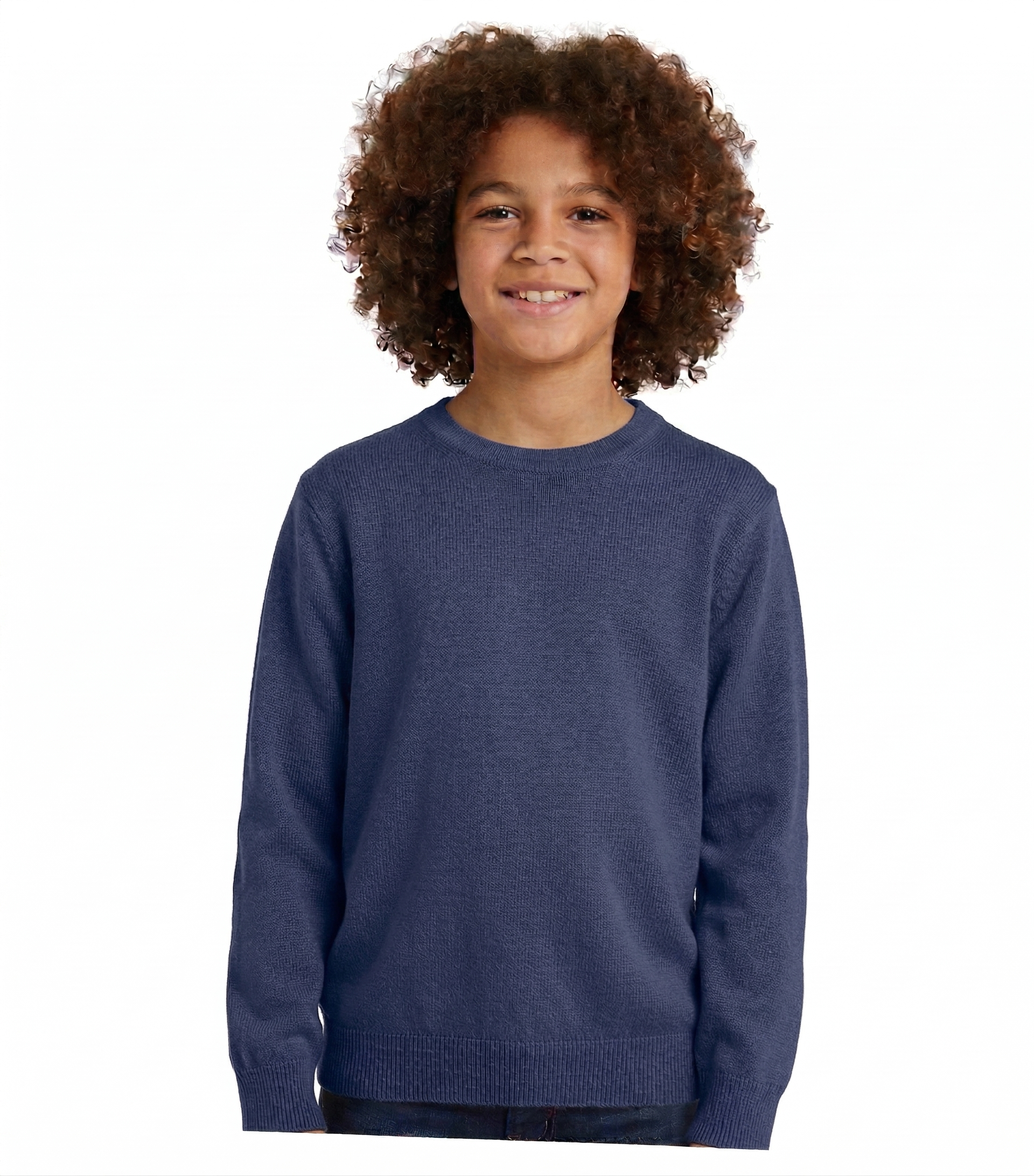 Child wearing a blue sweater on a white background