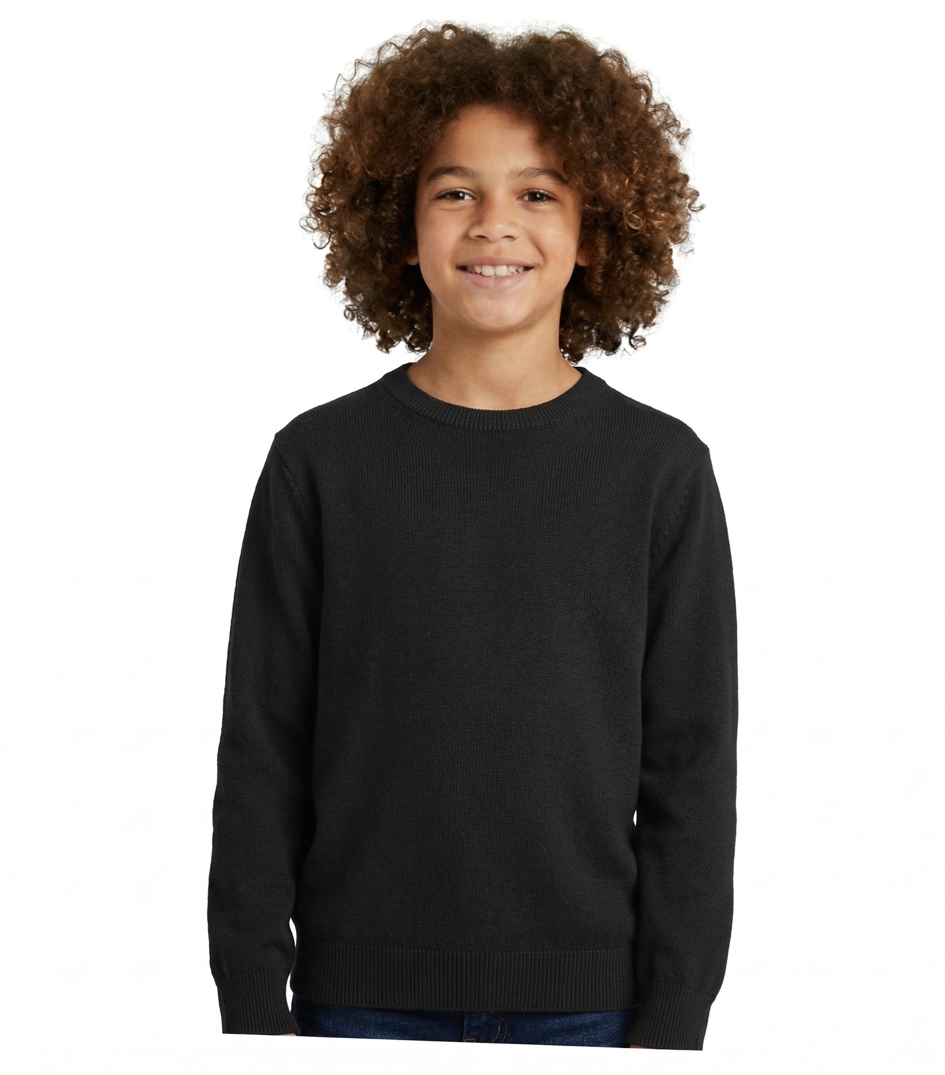 Child wearing a black sweatshirt on a white background