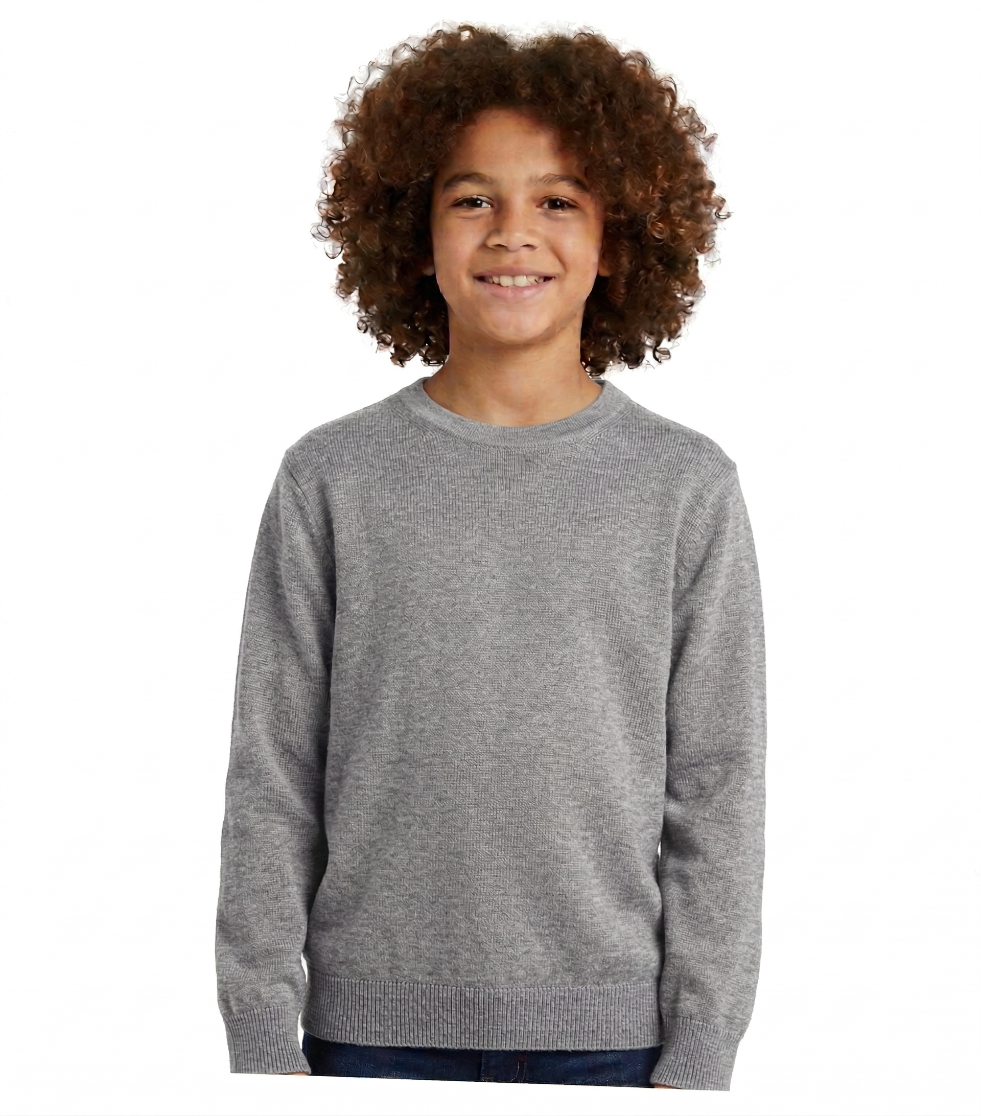 Child wearing a gray sweatshirt on a white background