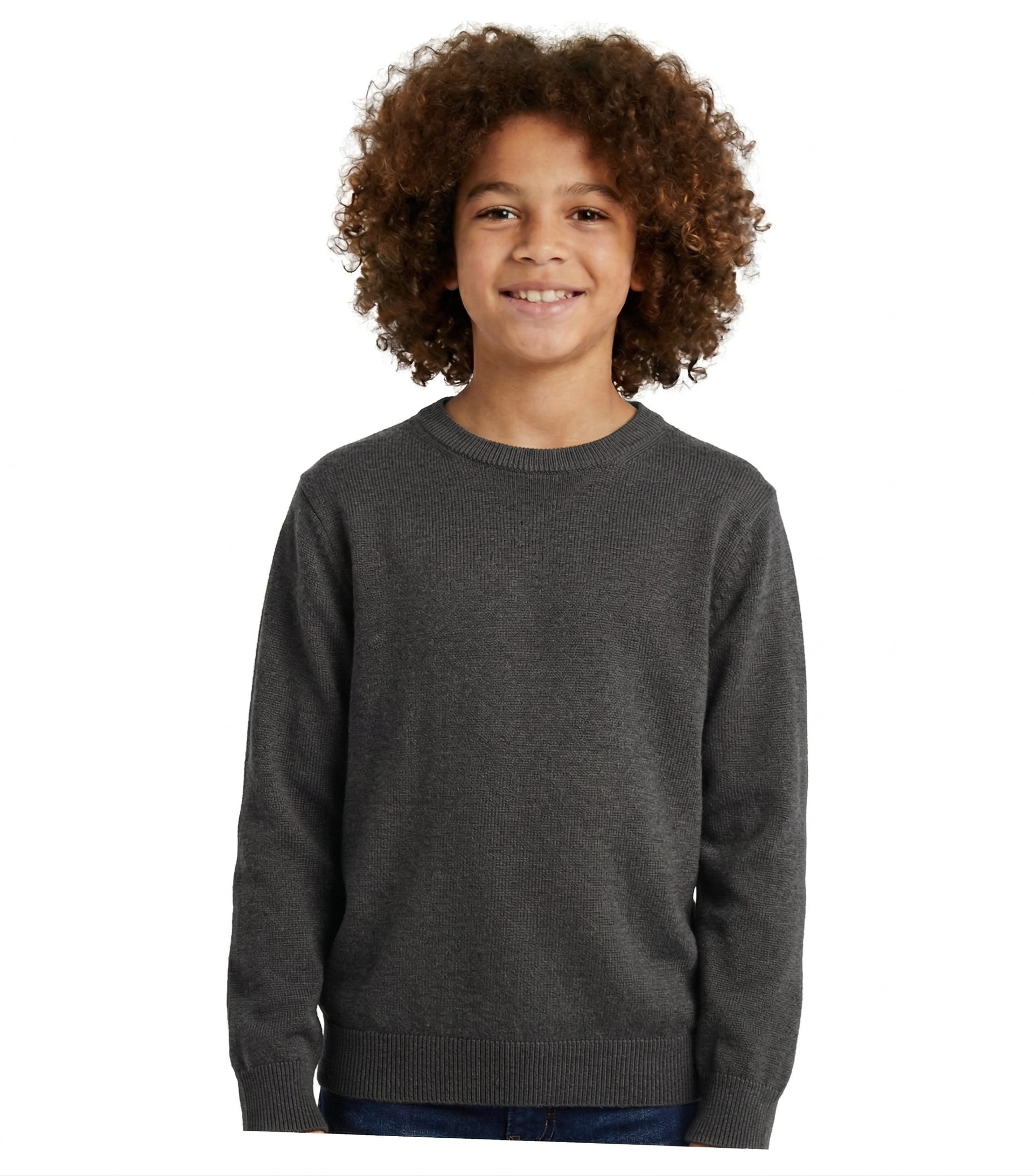 Child wearing a dark gray sweater on a white background