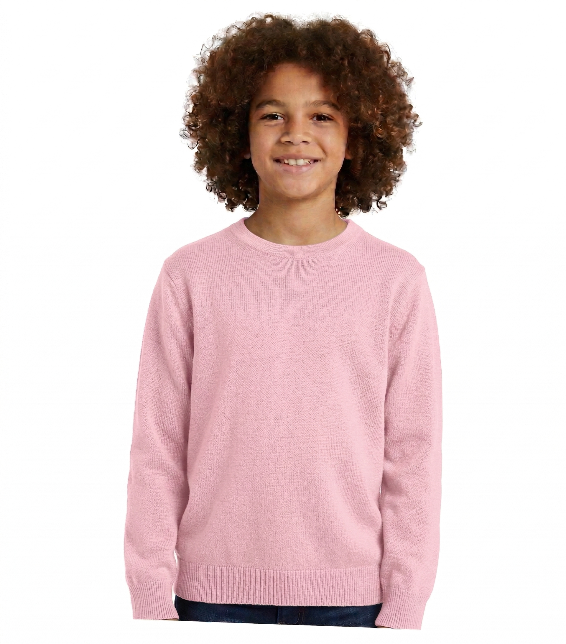 Child wearing a pink sweater on a white background