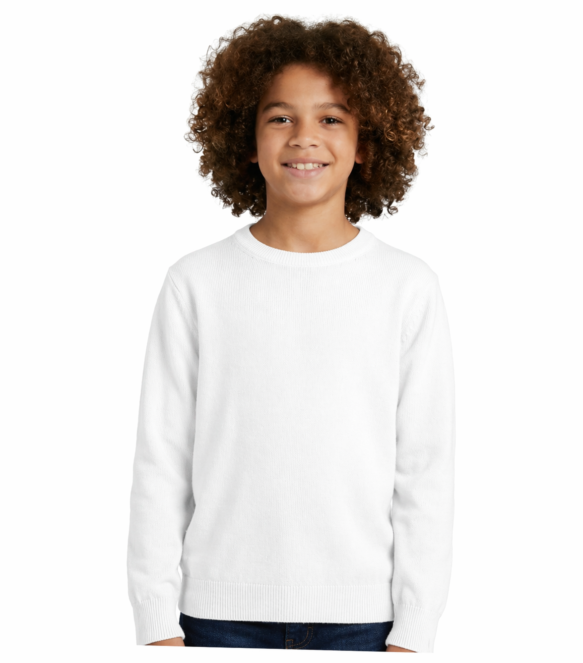 Child wearing a plain white sweatshirt on a white background