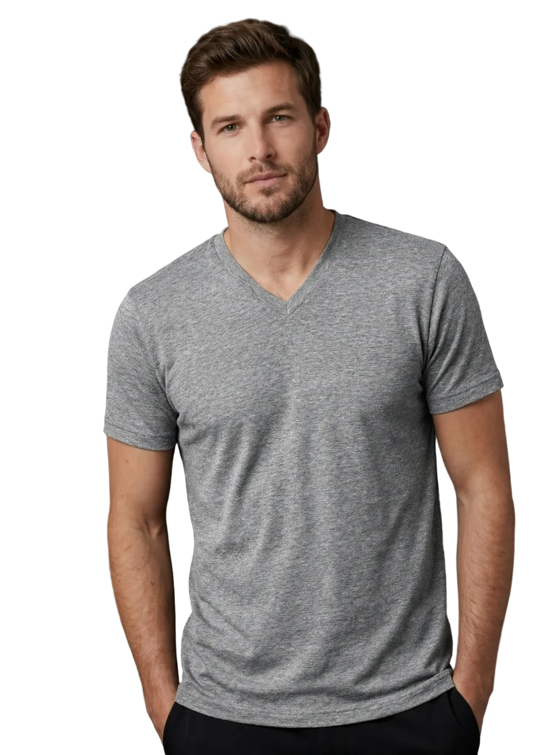 Man wearing a gray V-neck t-shirt against a black background