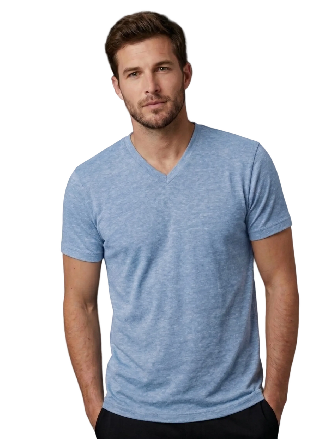 Man wearing a blue t-shirt against a black background