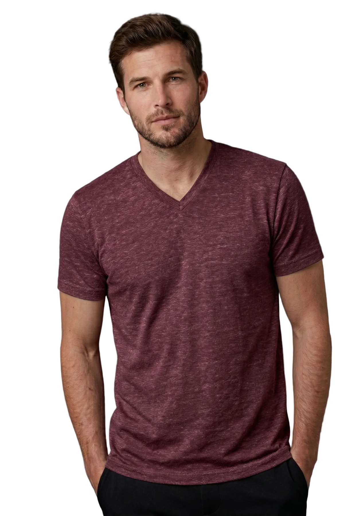 Man wearing a maroon V-neck t-shirt against a black background