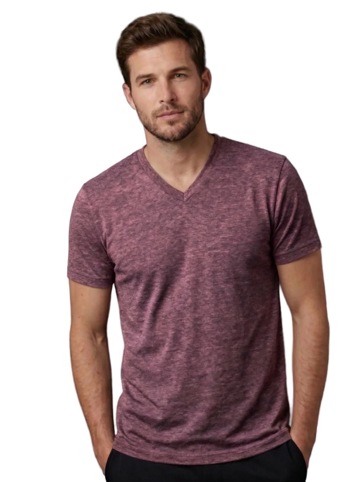 Man wearing a maroon V-neck t-shirt against a dark background