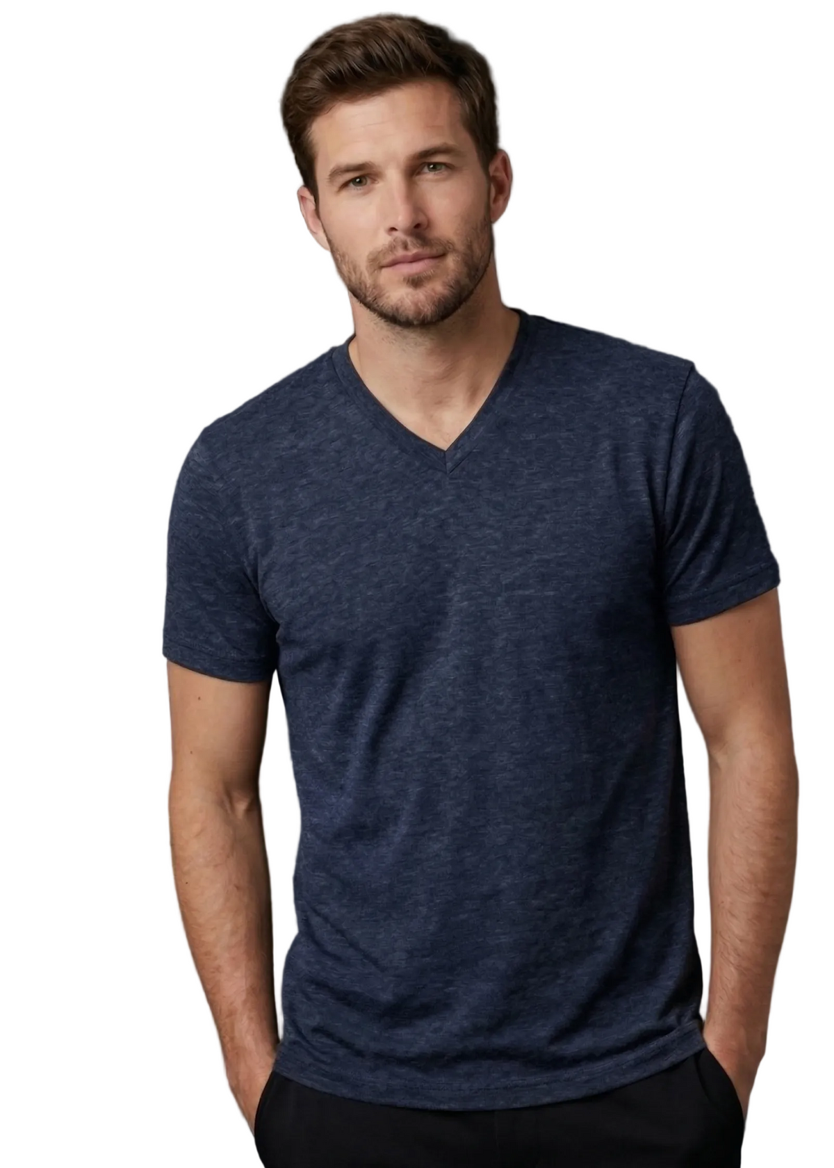 Man wearing a navy blue t-shirt against a dark background