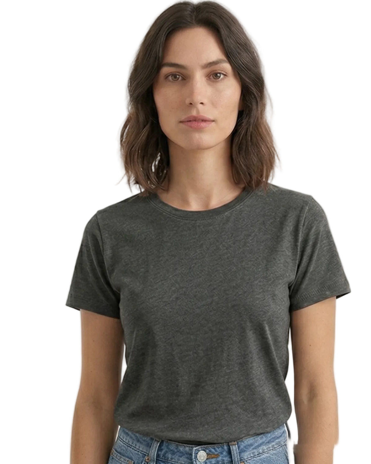 Woman wearing a dark gray t-shirt on a white background