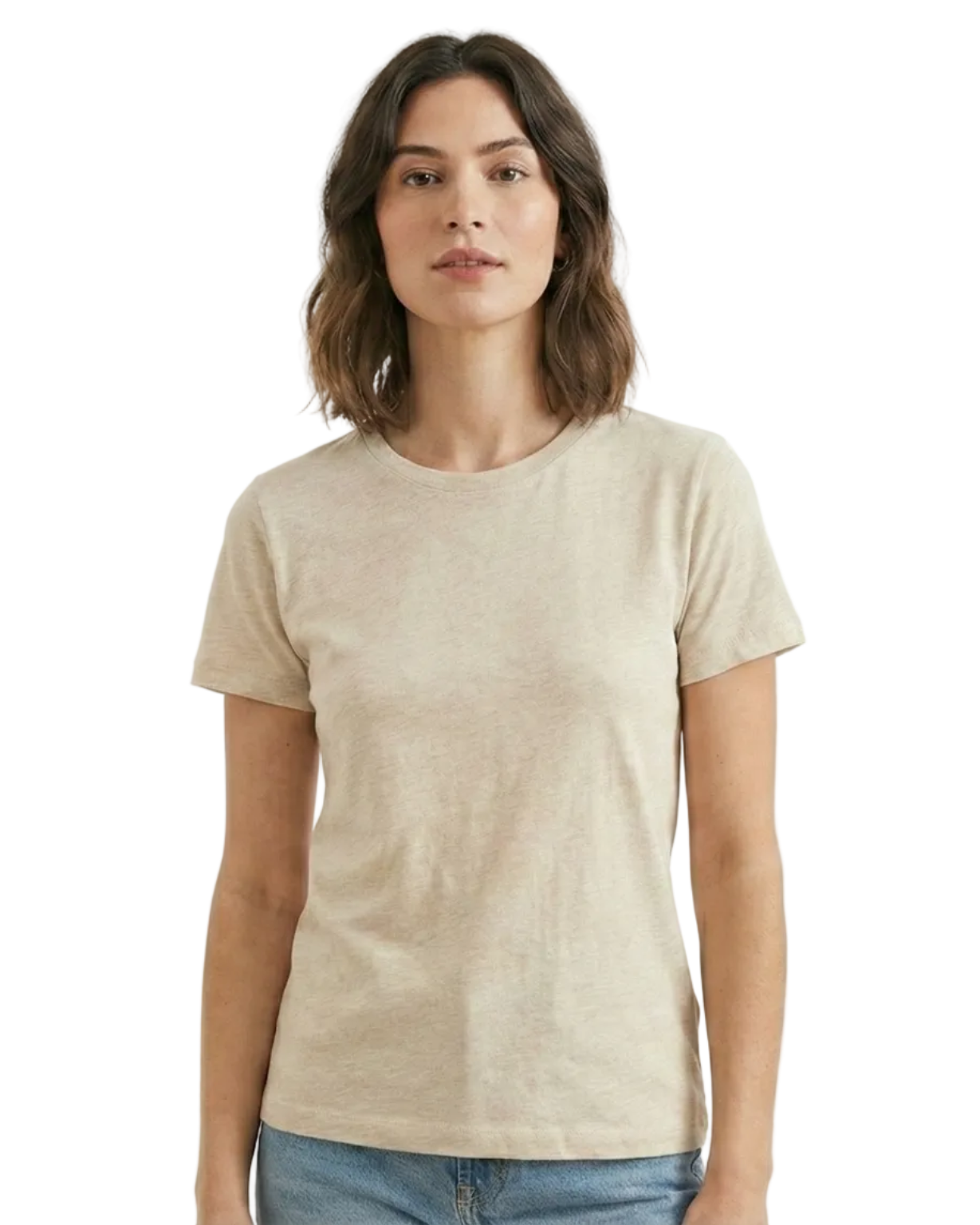 Woman wearing a beige t-shirt on a white background