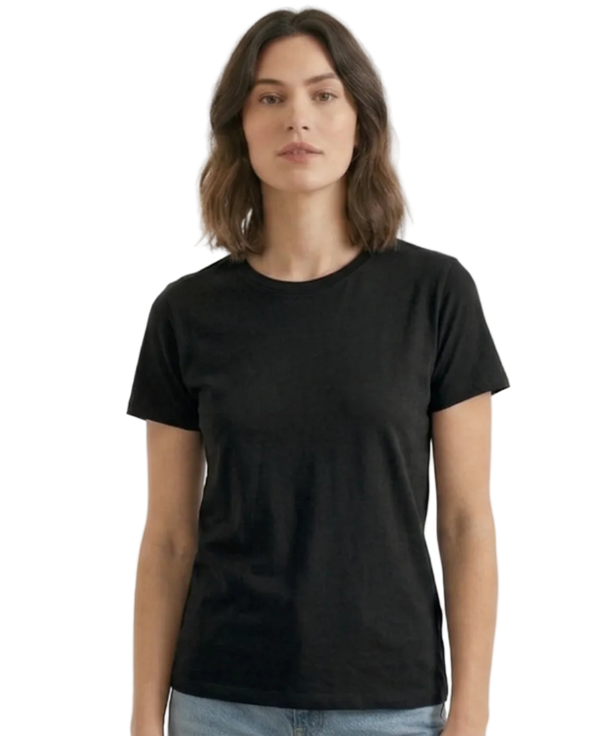 Person wearing a black t-shirt on a white background