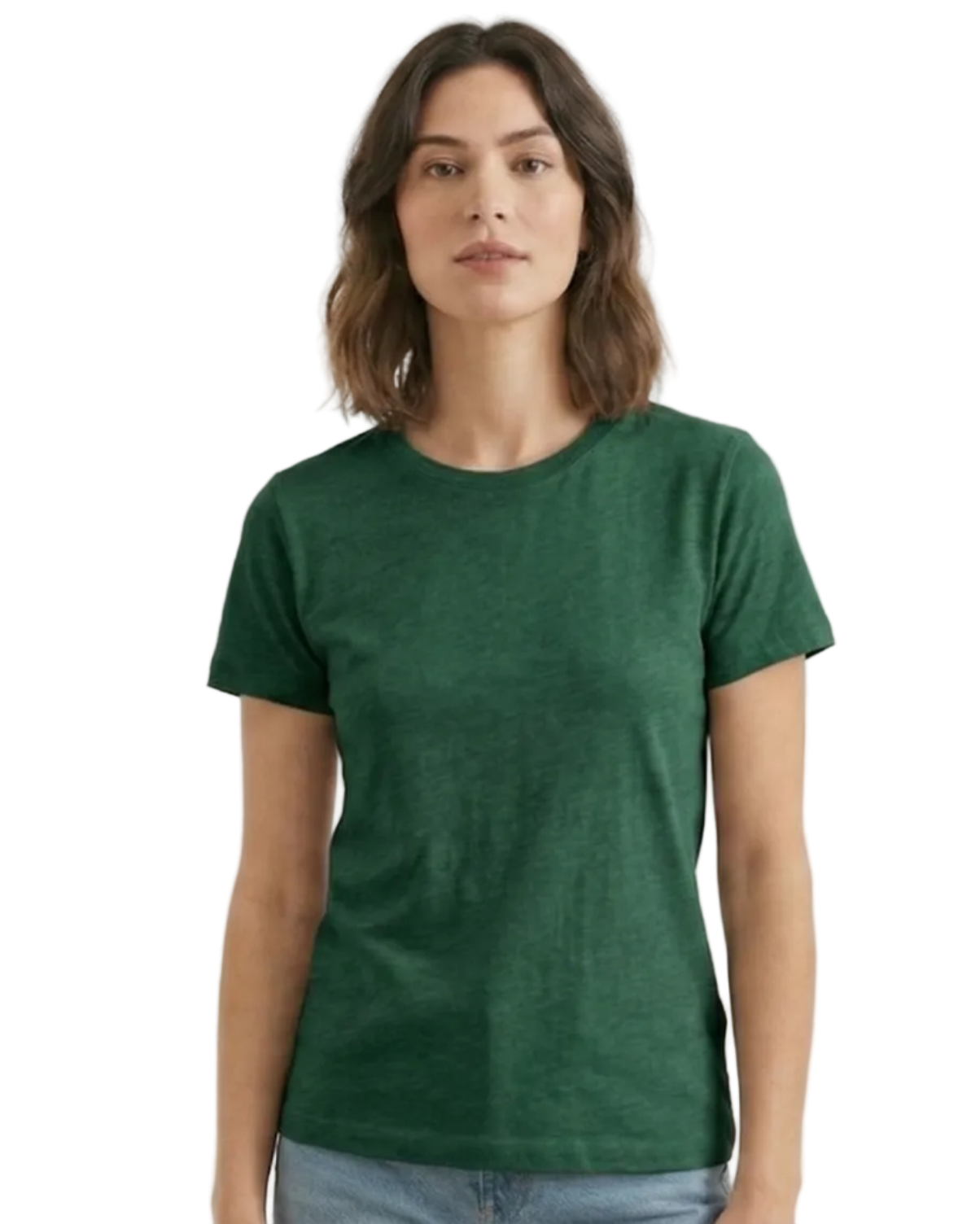 Woman wearing a green t-shirt against a white background