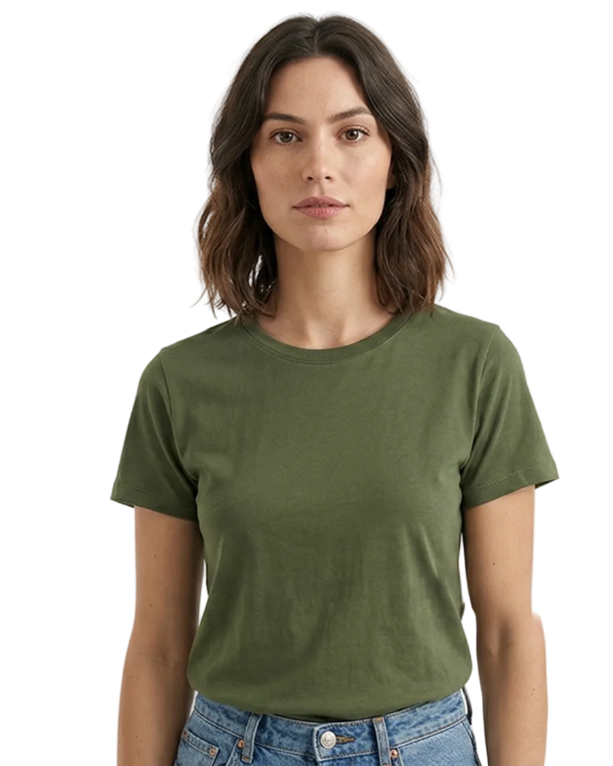 Woman wearing a green t-shirt on a white background