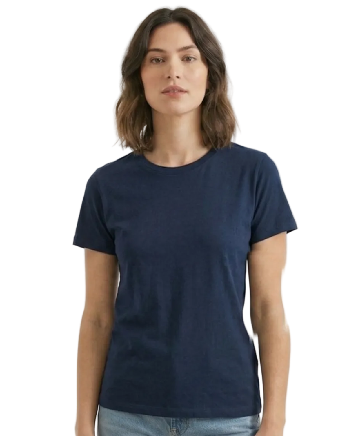 Woman wearing a navy blue t-shirt on a white background