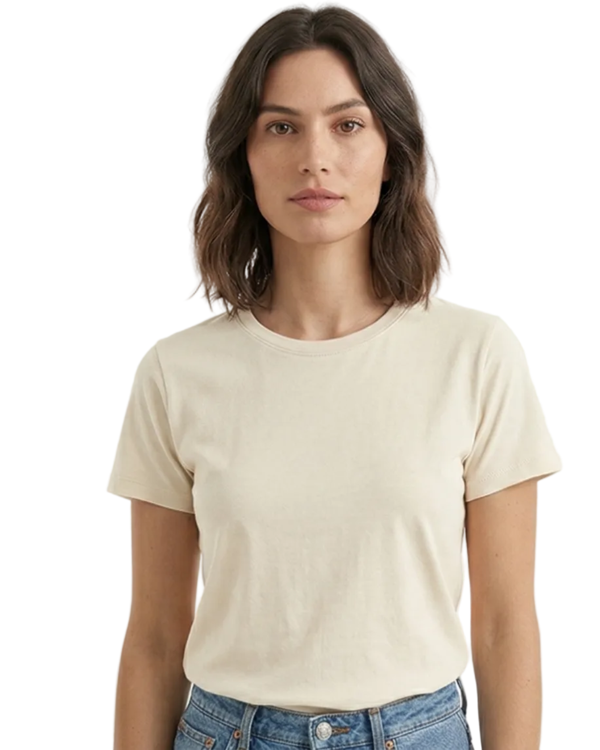 Woman wearing a beige t-shirt and blue jeans on a white background