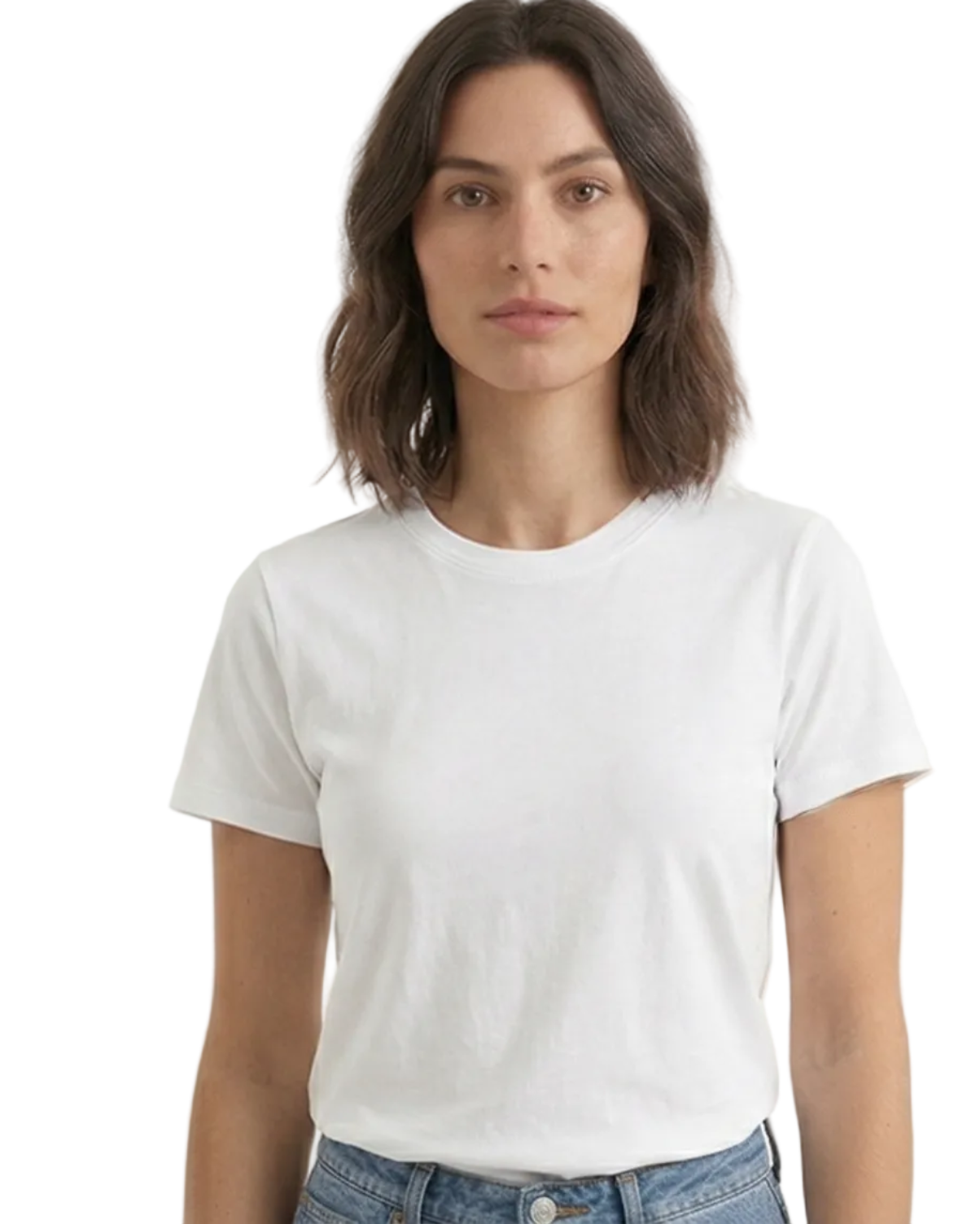 Woman wearing a plain white t-shirt against a white background