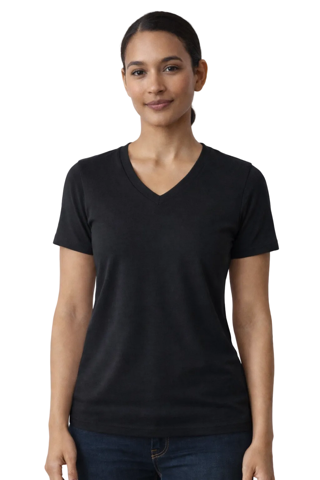 Woman wearing a black V-neck t-shirt on a white background
