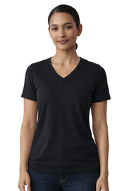 Woman wearing a black V-neck t-shirt on a white background