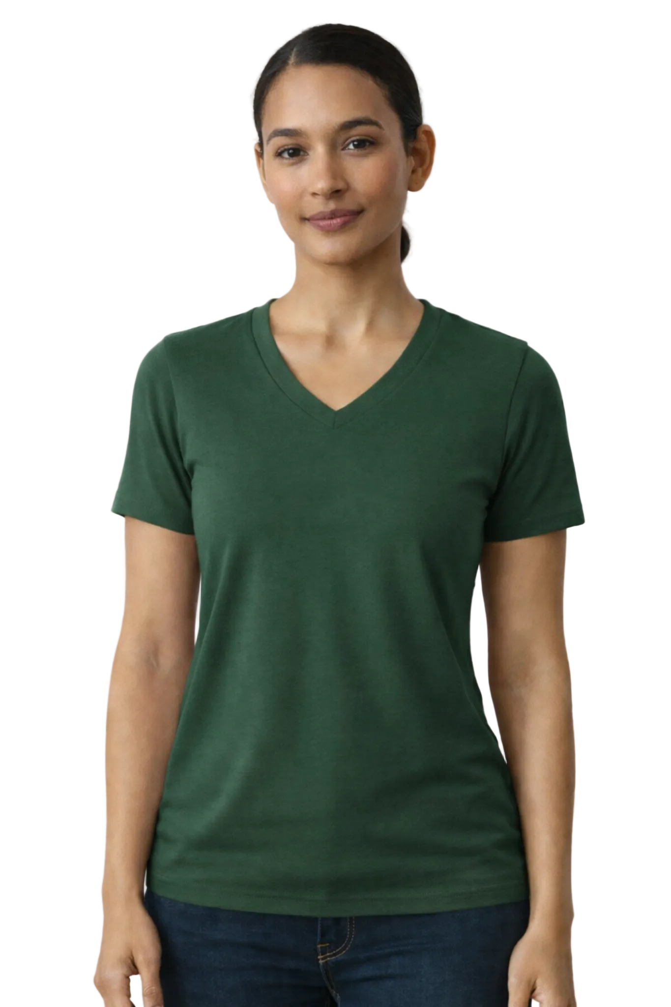 Woman wearing a green t-shirt on a white background