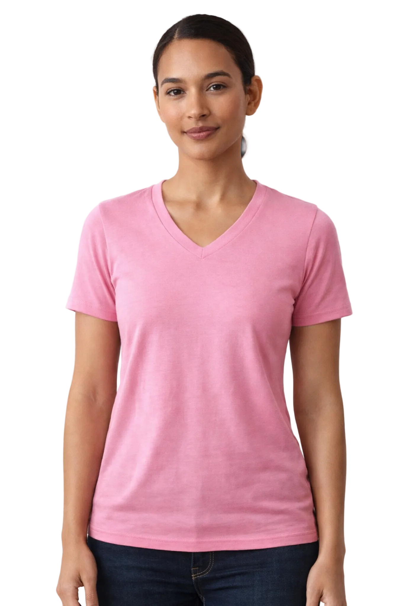 Woman wearing a pink t-shirt on a white background