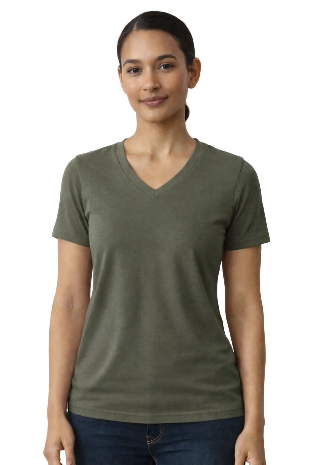 Woman wearing a green t-shirt against a white background