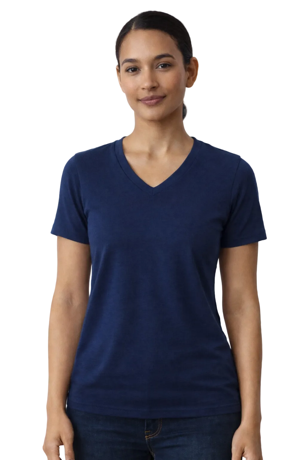 Woman wearing a navy blue t-shirt against a white background
