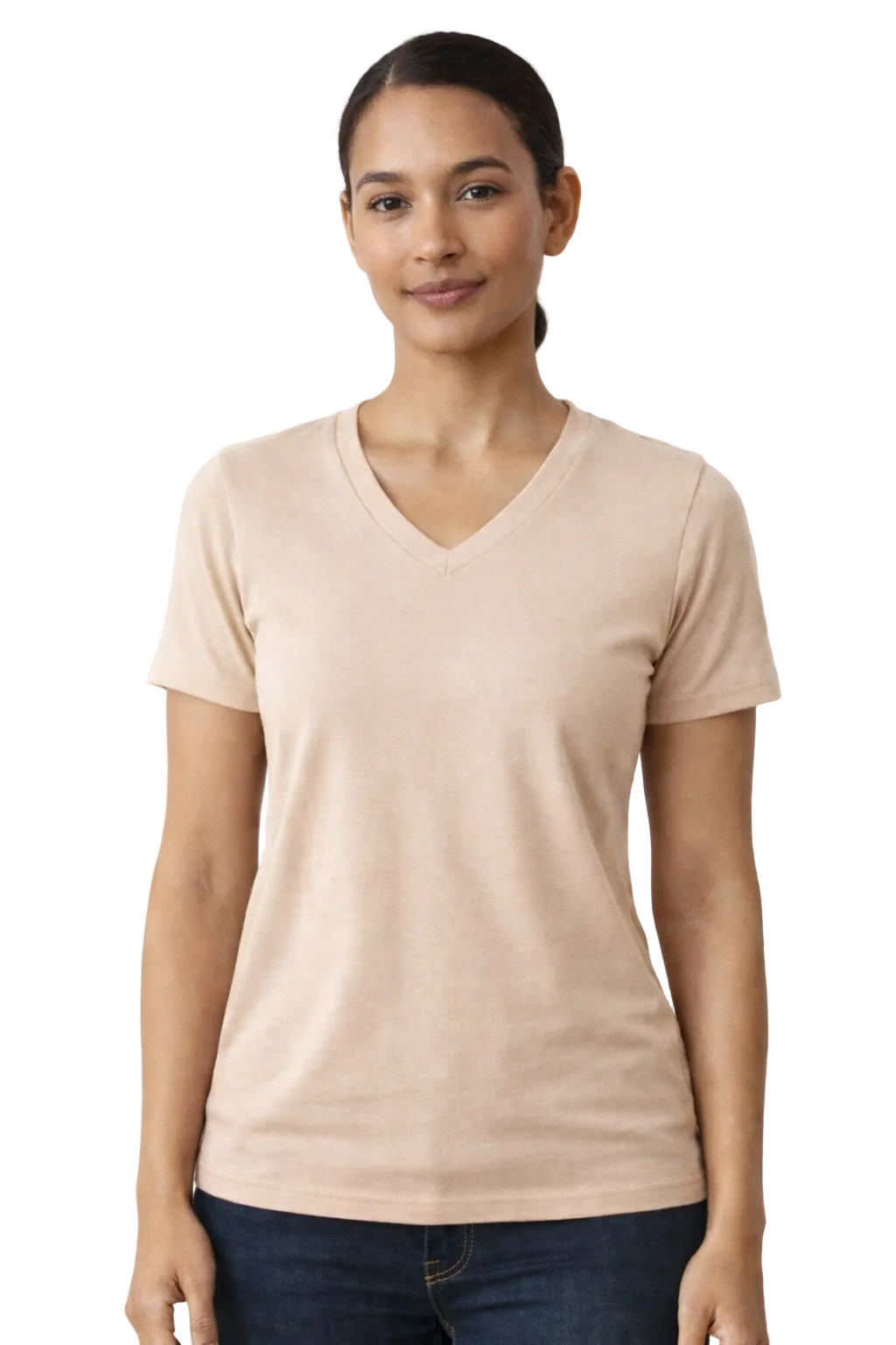 Woman wearing a beige V-neck t-shirt against a white background