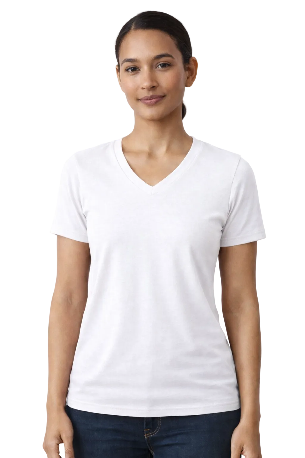 Woman wearing a plain white t-shirt against a white background