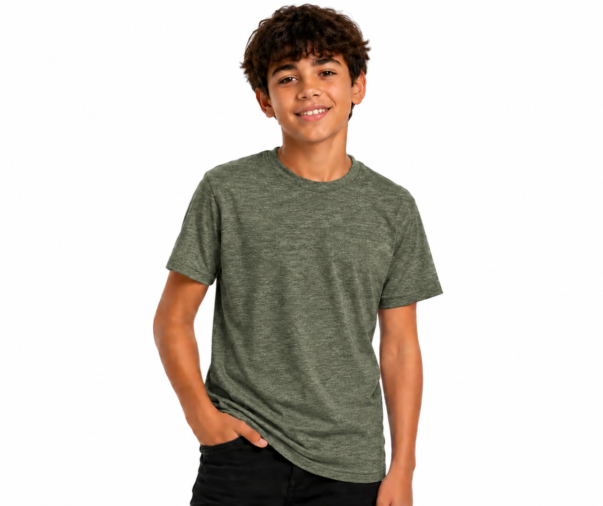 A smiling young man wearing a heathered olive green crewneck t-shirt and black pants, standing against a solid white background.