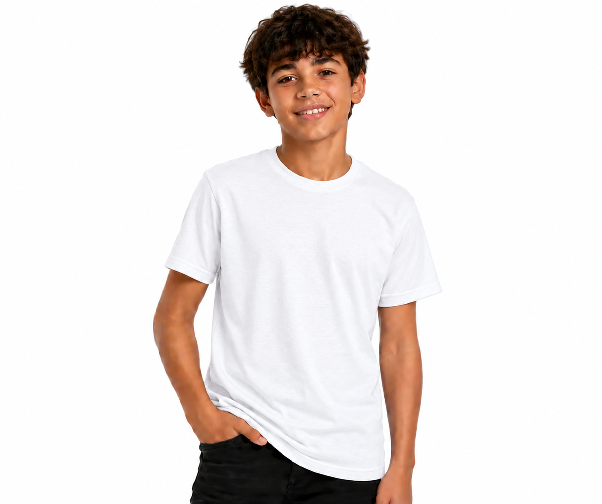 A young boy with curly brown hair wearing a plain white short-sleeve crewneck t-shirt and black pants, standing against a solid white background.
